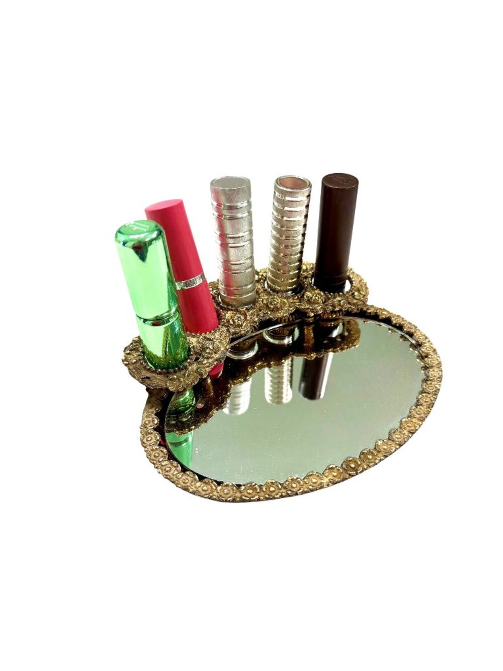 1950s/60s Hollywood Regency gold vanity tray with lipstick holder